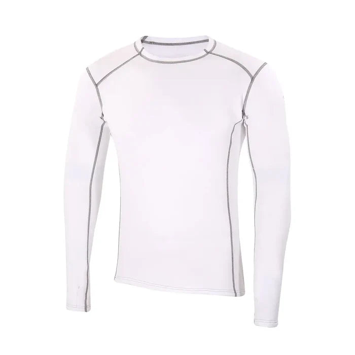Front detail of Sub Zero Factor 2 mens long sleeve mid layer thermal top with a crew neck in colour white with grey stitching photographed on a white background