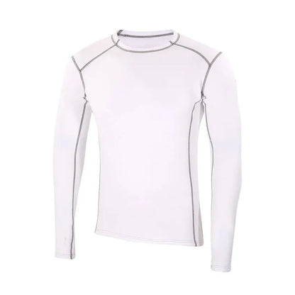 Front detail of Sub Zero Factor 2 mens long sleeve mid layer thermal top with a crew neck in colour white with grey stitching photographed on a white background