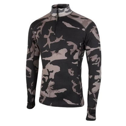Front view of a Sub Zero Factor 2 Mens Long Sleeve Zip Neck Mid Layer Top  in colour grey camouflage photographed on a white background
