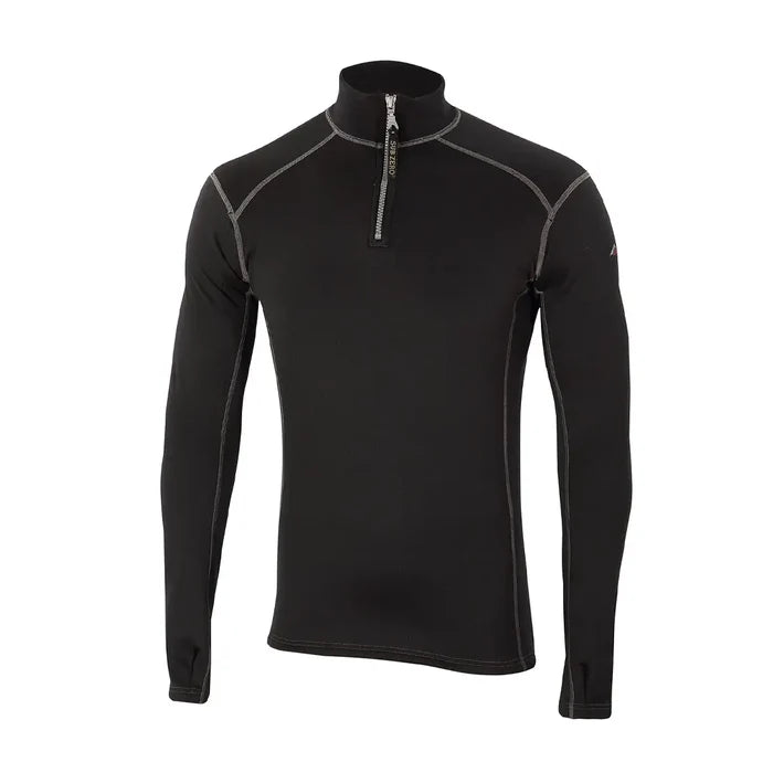Front view of a Sub Zero Factor 2 Mens Long Sleeve Zip Neck Mid Layer Top  in colour black with grey stitching photographed on a white background