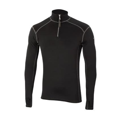 Front view of a Sub Zero Factor 2 Mens Long Sleeve Zip Neck Mid Layer Top  in colour black with grey stitching photographed on a white background