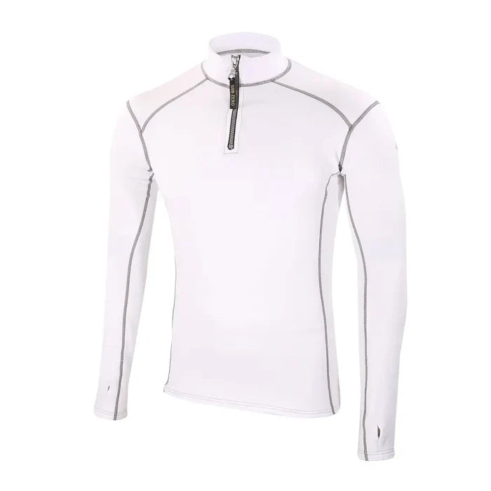 Front view of a Sub Zero Factor 2 Mens Long Sleeve Zip Neck Mid Layer Top  in colour white with grey stitching photographed on a white background