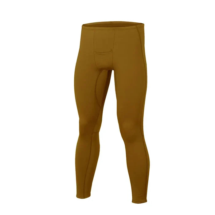 Front detail of a Sub Zero Factor 2 mens thermal mid layer leggings with fly in khaki colour photographed on a white background