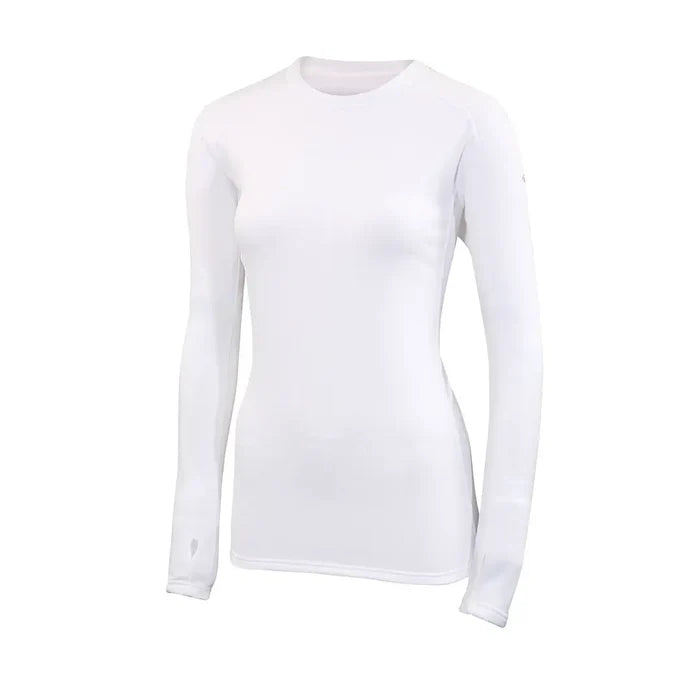 Front detail of Sub Zero womens thermal long sleeve mid layer round neck in colour white