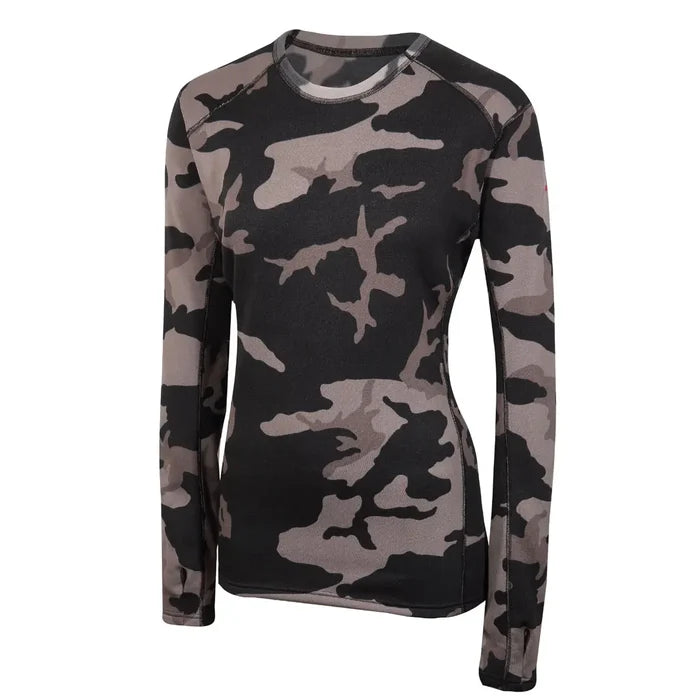 Front detail of Sub Zero womens thermal long sleeve mid layer round neck in colour grey camouflage