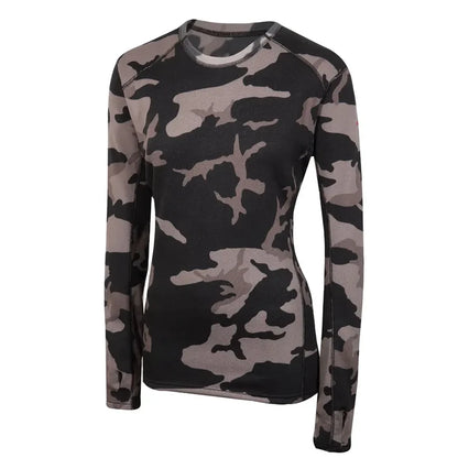 Front detail of Sub Zero womens thermal long sleeve mid layer round neck in colour grey camouflage