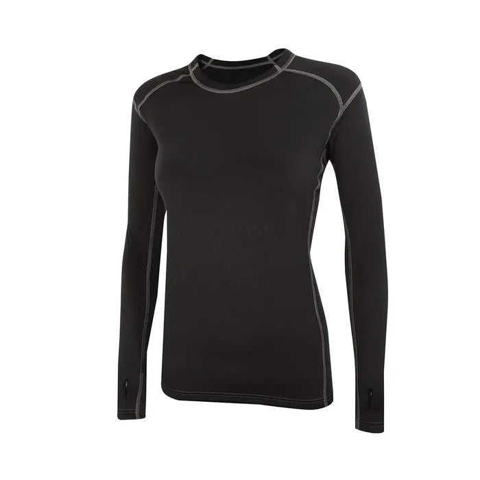 Front detail of Sub Zero womens thermal long sleeve mid layer round neck in colour black with grey stitching