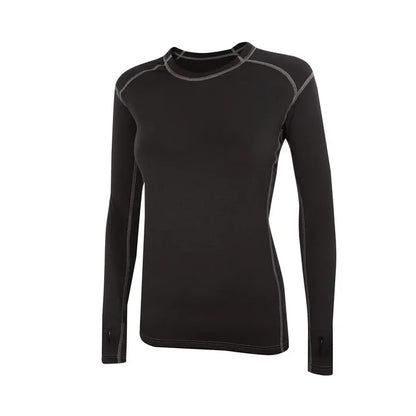 Front detail of Sub Zero womens thermal long sleeve mid layer round neck in colour black with grey stitching