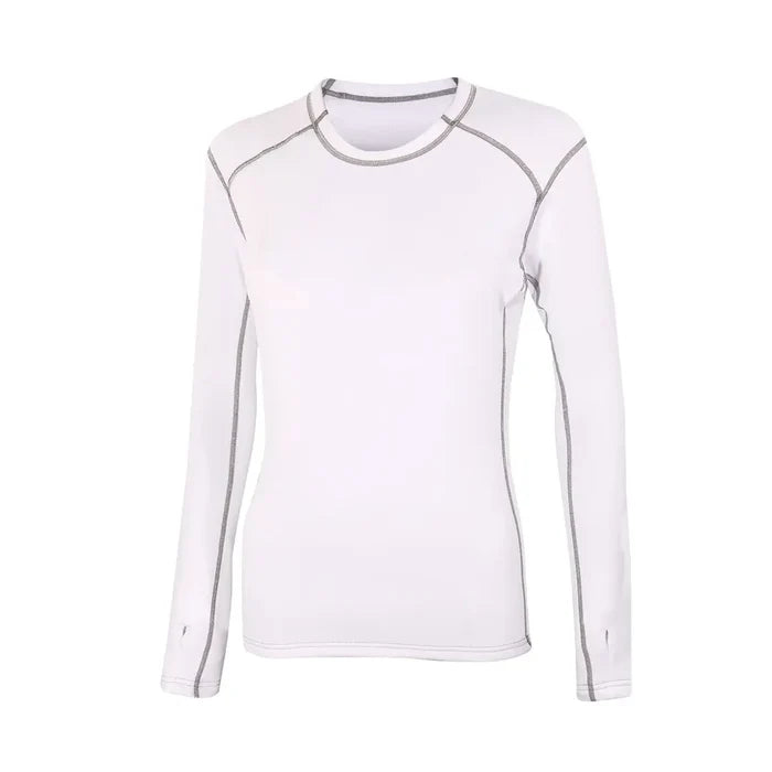 Front detail of Sub Zero womens thermal long sleeve mid layer round neck in colour white with grey stitching