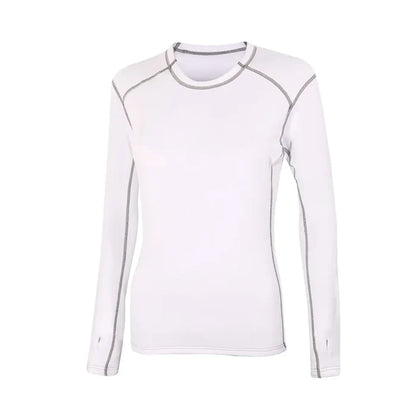 Front detail of Sub Zero womens thermal long sleeve mid layer round neck in colour white with grey stitching