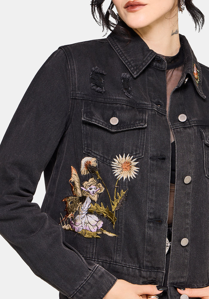 Faela Fairy Embroidered Distressed Denim Jacket UK 6