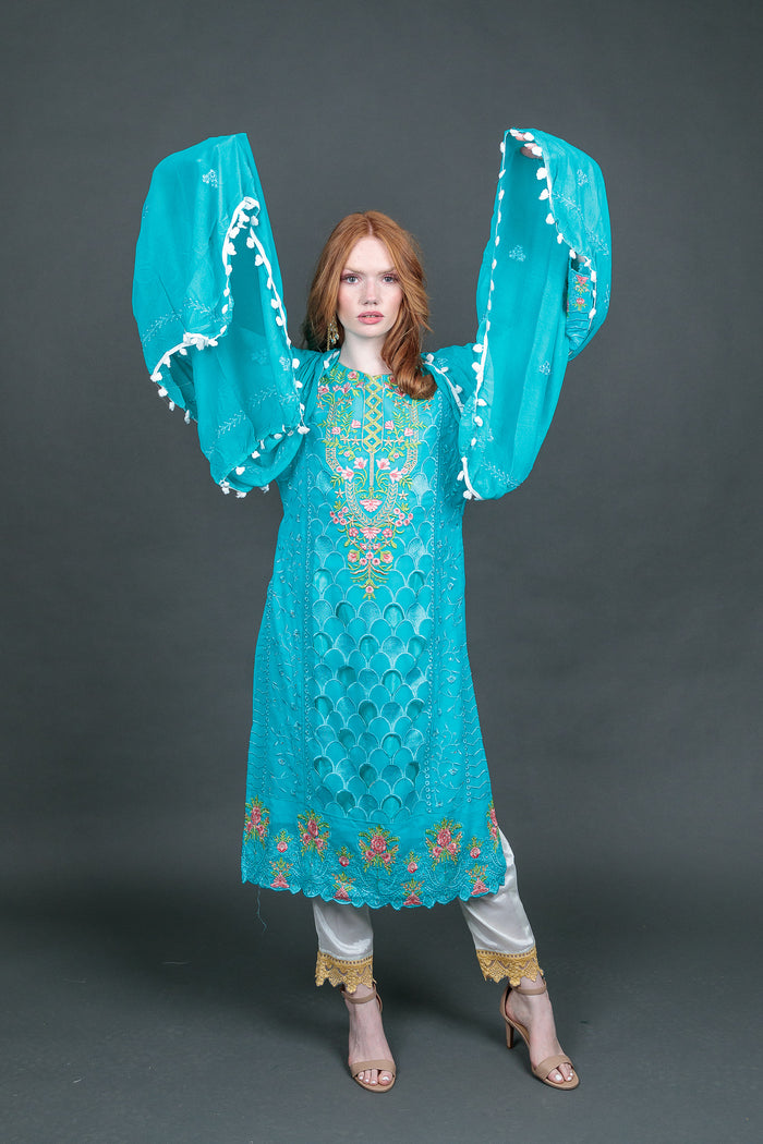 Fancy Embroidered Sky Blue With Ankle Pants Suit