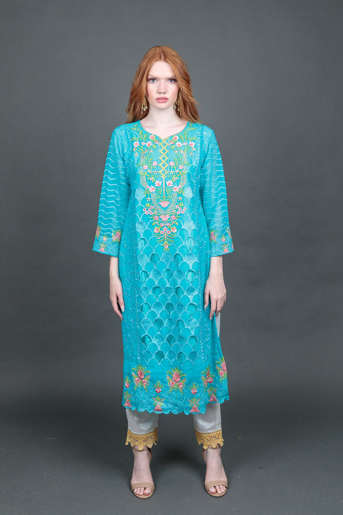 Fancy Embroidered Sky Blue With Ankle Pants Suit