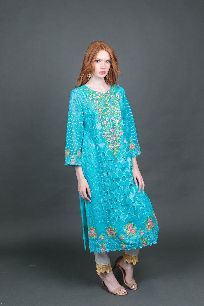 Fancy Embroidered Sky Blue With Ankle Pants Suit