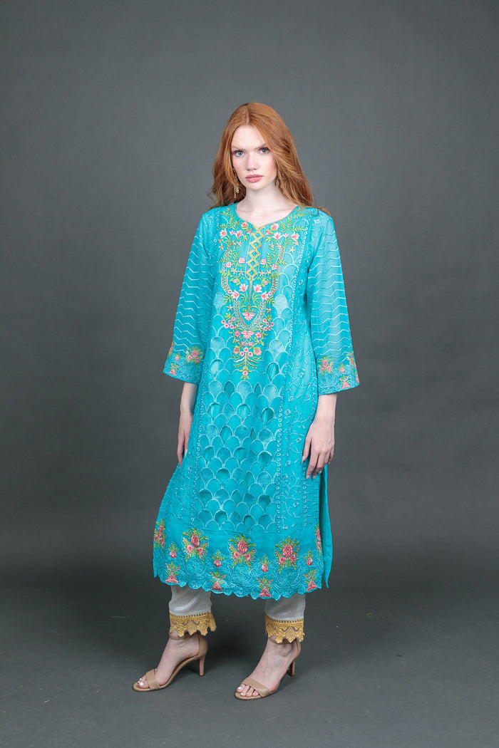 Fancy Embroidered Sky Blue With Ankle Pants Suit