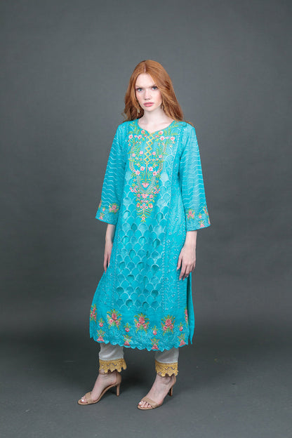 Fancy Embroidered Sky Blue With Ankle Pants Suit