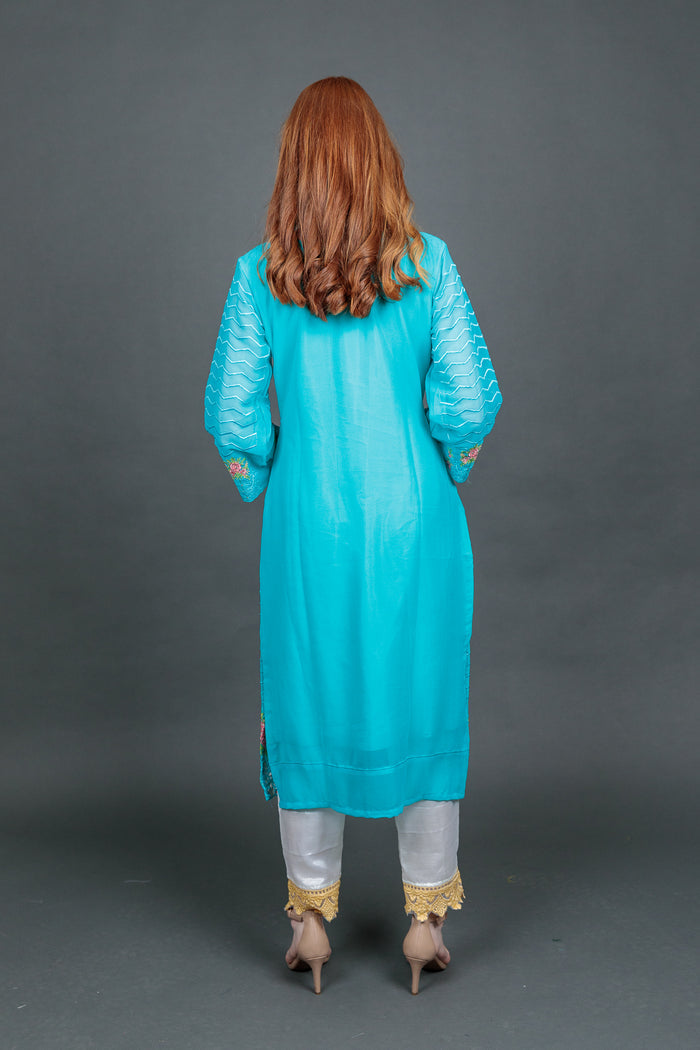 Fancy Embroidered Sky Blue With Ankle Pants Suit