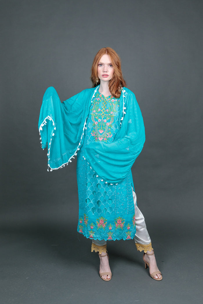Fancy Embroidered Sky Blue With Ankle Pants Suit
