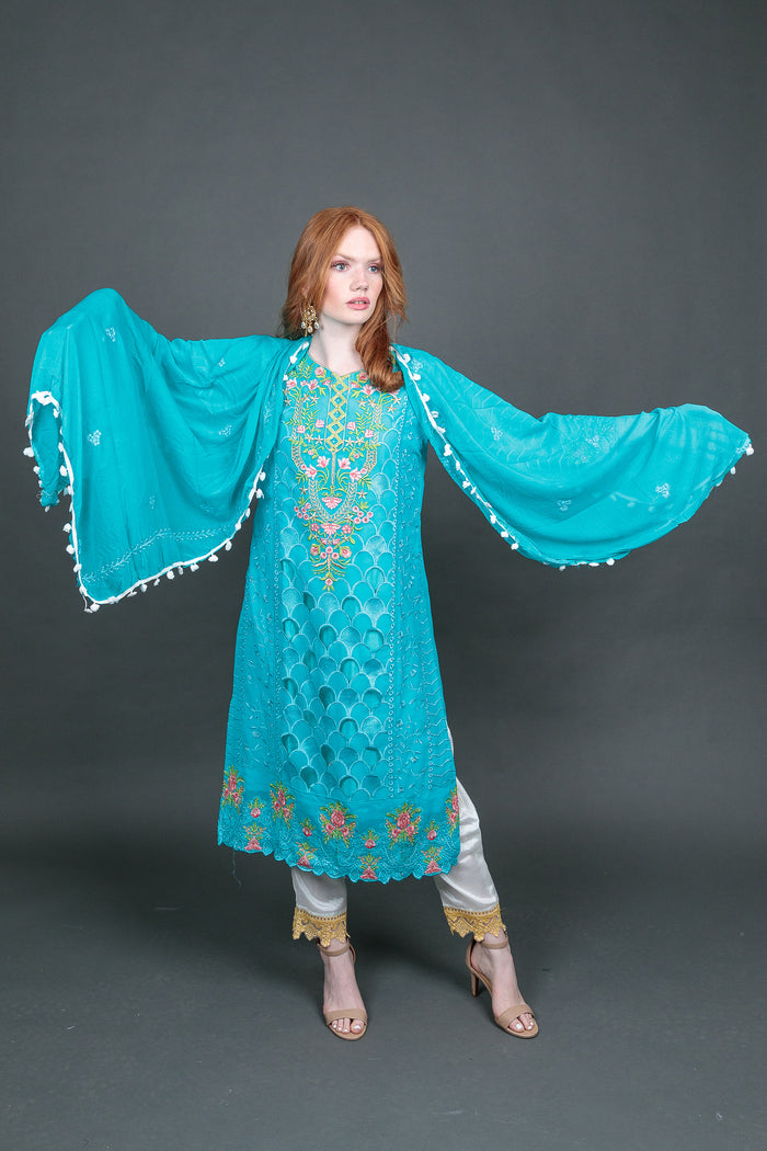Fancy Embroidered Sky Blue With Ankle Pants Suit
