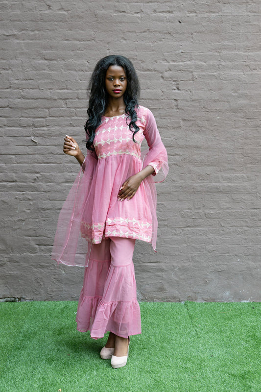 Fancy Georgette  Embroidered Rose Pink With Ruffle Sharaara Pants Suit