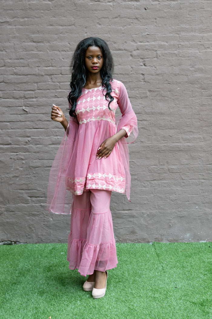 Fancy Georgette  Embroidered Rose Pink With Ruffle Sharaara Pants Suit