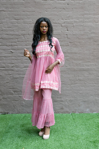Fancy Georgette  Embroidered Rose Pink With Ruffle Sharaara Pants Suit