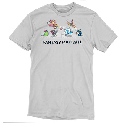 Premium Cotton T-shirt_TeeTurtle Fantasy Football Silver Gray t-shirt featuring an illustration of fantasy creatures, including a dragon, knight, unicorn, bird, and wizard, playing football with the text "Fantasy Football" below them.