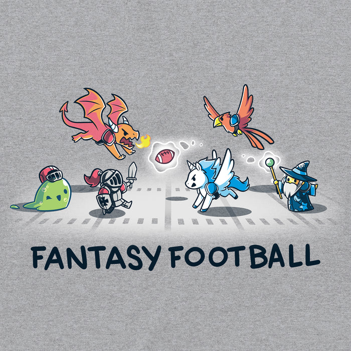 Classic Cotton T-shirt_TeeTurtle Fantasy Football Heather Gray t-shirt featuring an illustration of fantasy creatures, including a dragon, knight, unicorn, bird, and wizard, playing football with the text "Fantasy Football" below them.