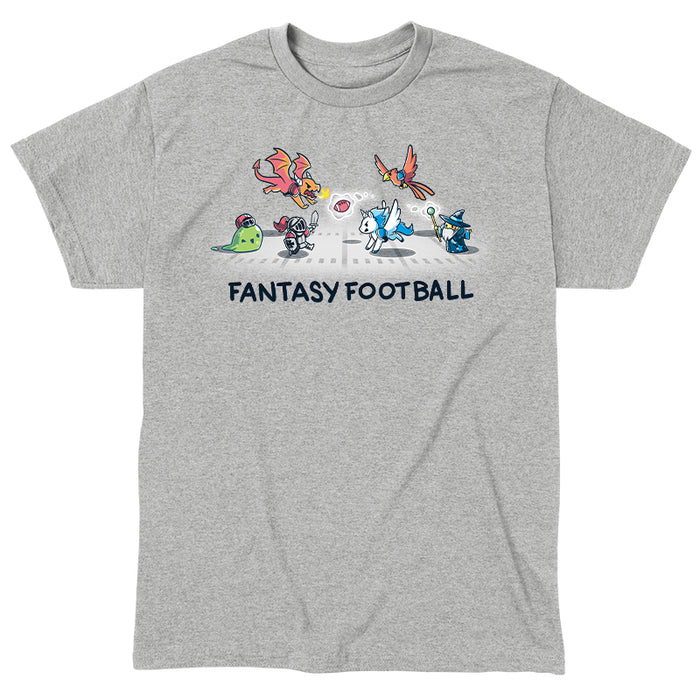 Classic Cotton T-shirt_TeeTurtle Fantasy Football Heather Gray t-shirt featuring an illustration of fantasy creatures, including a dragon, knight, unicorn, bird, and wizard, playing football with the text "Fantasy Football" below them.