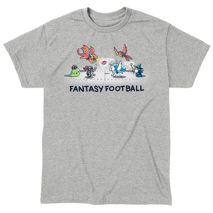 Classic Cotton T-shirt_TeeTurtle Fantasy Football Heather Gray t-shirt featuring an illustration of fantasy creatures, including a dragon, knight, unicorn, bird, and wizard, playing football with the text "Fantasy Football" below them.