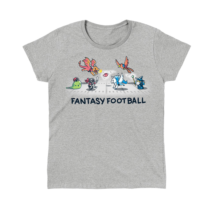 Classic Cotton T-shirt_TeeTurtle Fantasy Football Heather Gray t-shirt featuring an illustration of fantasy creatures, including a dragon, knight, unicorn, bird, and wizard, playing football with the text "Fantasy Football" below them.