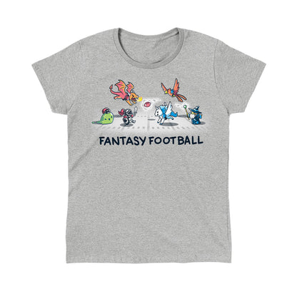 Classic Cotton T-shirt_TeeTurtle Fantasy Football Heather Gray t-shirt featuring an illustration of fantasy creatures, including a dragon, knight, unicorn, bird, and wizard, playing football with the text "Fantasy Football" below them.