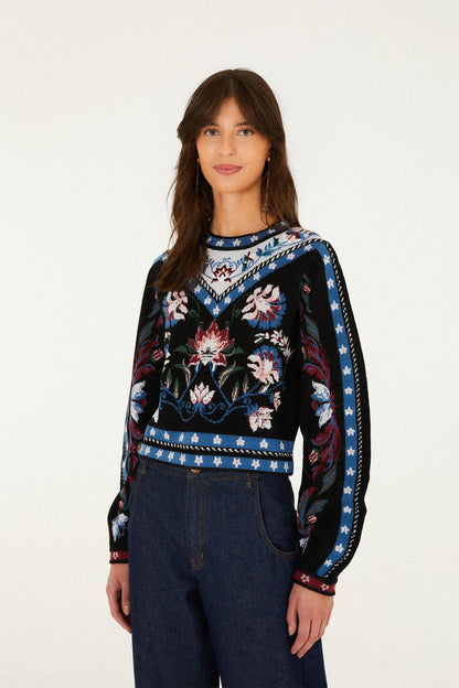 Farm Rio Natalia Crew Neck Knit Sweater in Natalia Burgundy