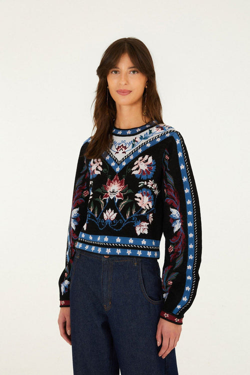 Farm Rio Natalia Crew Neck Knit Sweater in Natalia Burgundy