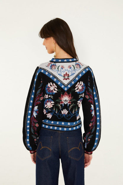 Farm Rio Natalia Crew Neck Knit Sweater in Natalia Burgundy