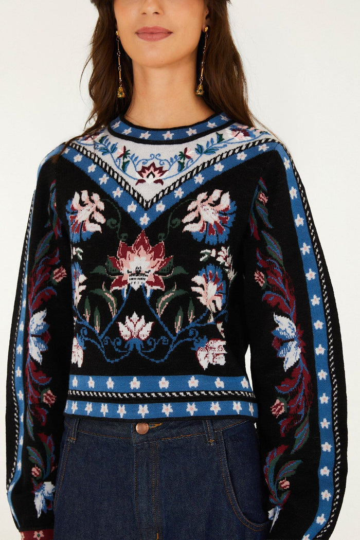 Farm Rio Natalia Crew Neck Knit Sweater in Natalia Burgundy