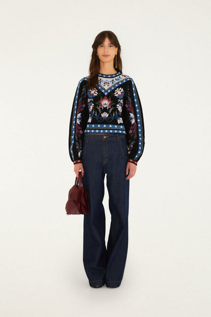 Farm Rio Natalia Crew Neck Knit Sweater in Natalia Burgundy
