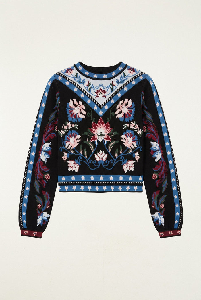 Farm Rio Natalia Crew Neck Knit Sweater in Natalia Burgundy