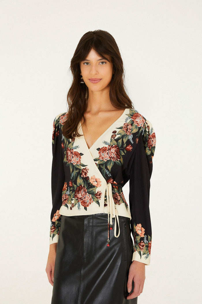 Farm Rio Winter Floral Long Sleeve Wrap Blouse in Winter Floral Cream