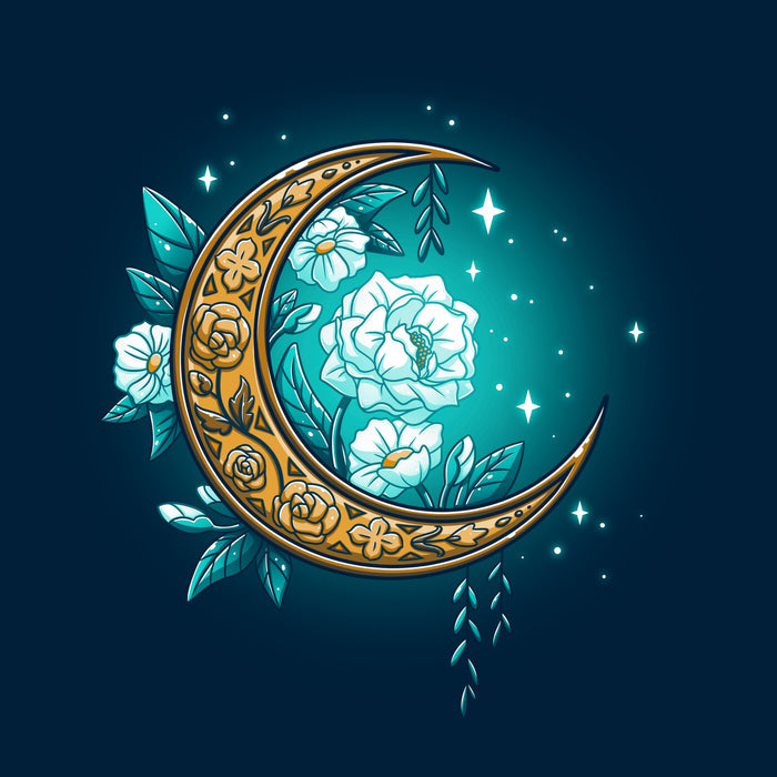 Classic Cotton T-shirt_TeeTurtle Floral Moon Navy Featuring a beautiful gold moon surrounded by white flowers and sparkles
