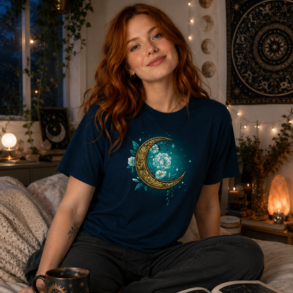 Premium Cotton T-shirt_TeeTurtle Floral Moon Navy Featuring a beautiful gold moon surrounded by white flowers and sparkles