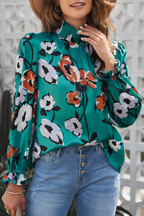 Floral Print Smocked Mock Neck Blouse - GREEN / S / 100% POLYESTER - Tops/Blouses & Shirts