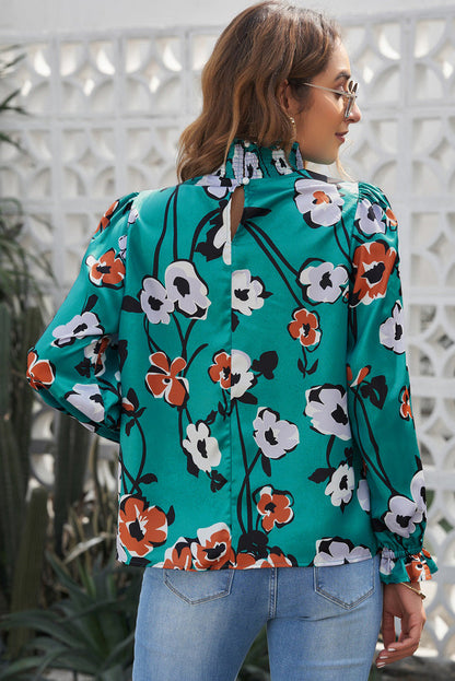 Floral Print Smocked Mock Neck Blouse - Tops/Blouses & Shirts