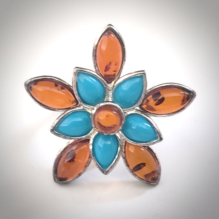 Cognac amber turquoise flower silver ring