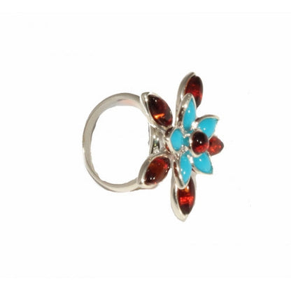 Flower Cognac Amber Turquoise Sterling Silver Ring