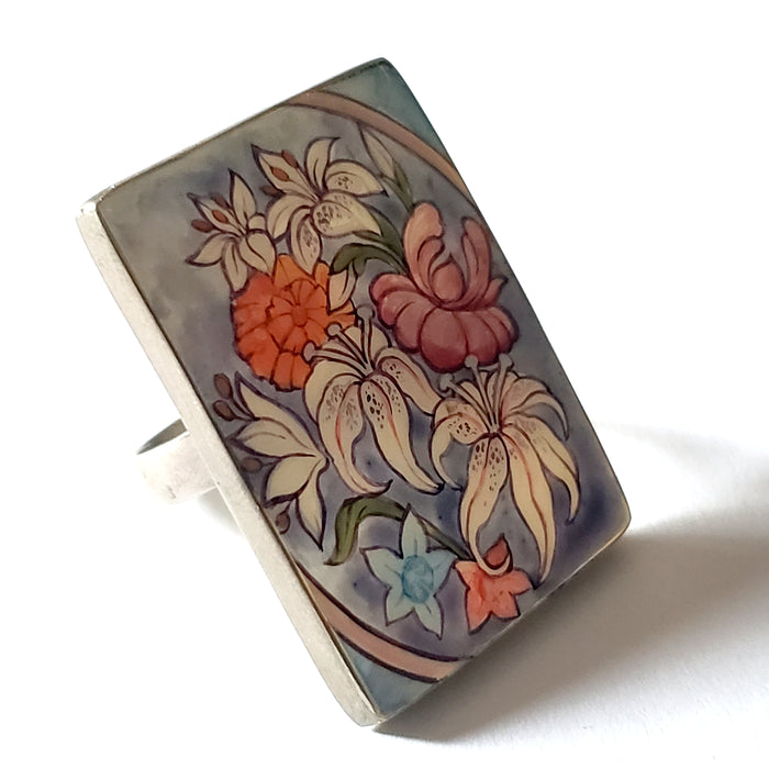 Flower Ring Hand Painted Mother-of-Pearl Sterling Silver