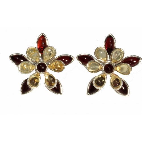 Flower Shaped Cognac Lemon Amber & Sterling Silver Earrings