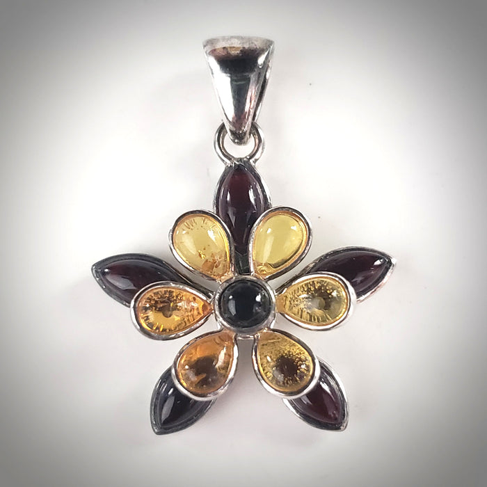 flower amber silver pendant