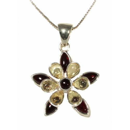 Flower Shaped cherry  / Lemon Amber & Sterling Silver Pendant