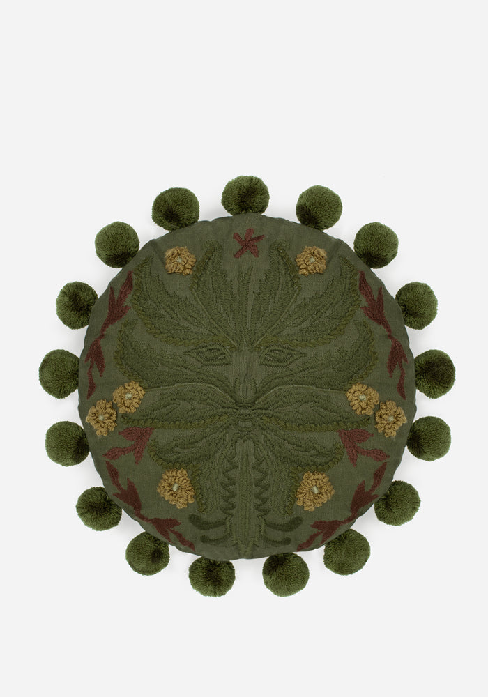 Foliate Embroidered Pom-Pom Round Cushion